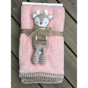 COPY - Chick Pea Plush Baby Blanket Reindeer Toy Set Pink/ Beige Ribbed Trim Sh…